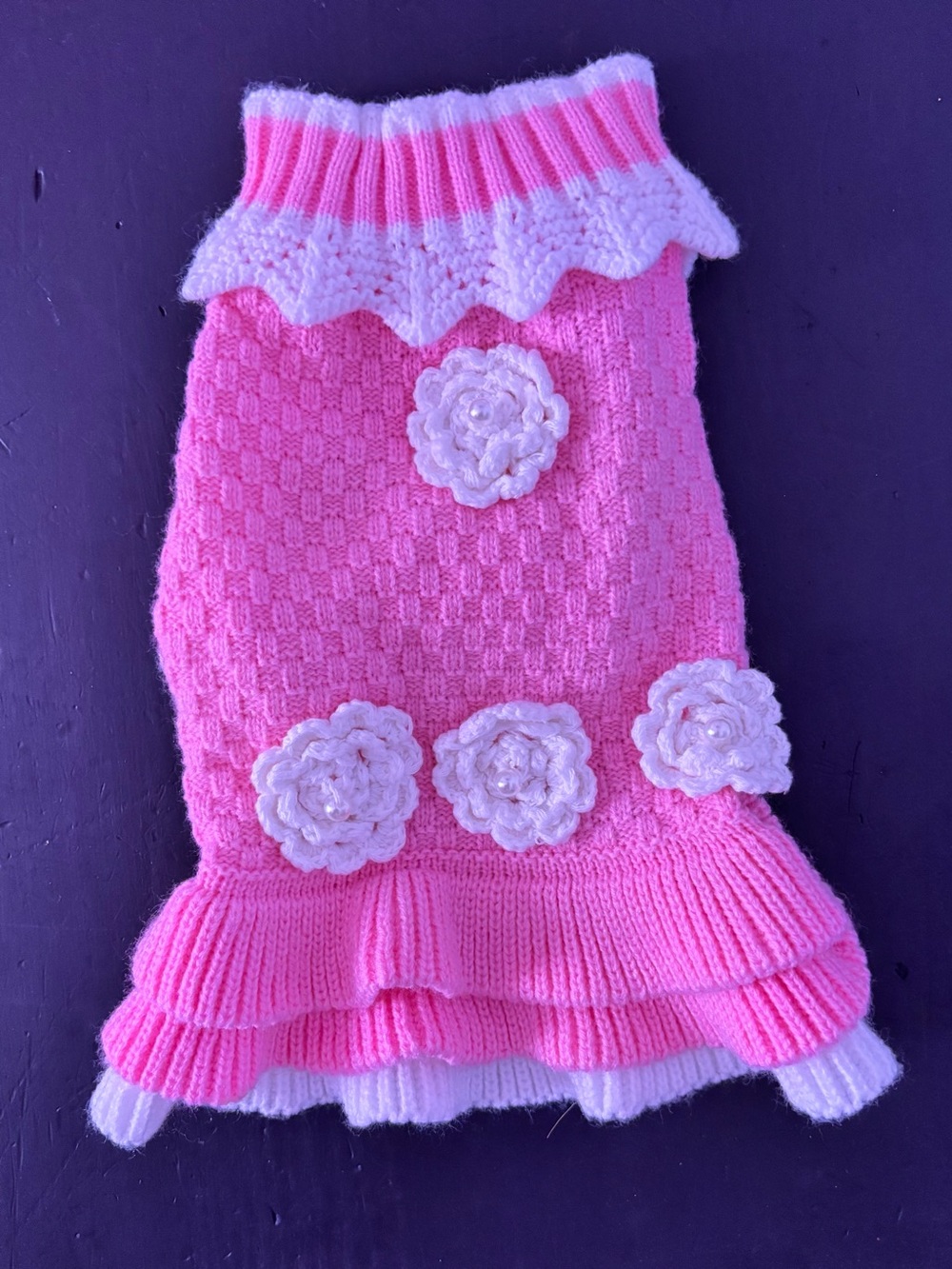 New Pink Floral Knit Ruffle Dog sweater